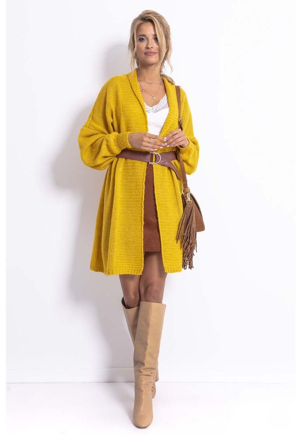 Fobya - Długi Niezapinany Sweter Damski - Żółty. Kolor: żółty. Materiał: wełna, poliester, poliamid, akryl. Długość: długie