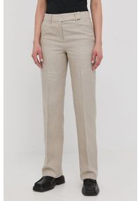 MICHAEL Michael Kors spodnie lniane damskie kolor beżowy szerokie high waist. Stan: podwyższony. Kolor: beżowy. Materiał: len