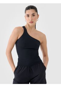 4f - 4F Crop-top slim z asymetrycznym ramiączkiem damski - czarny M. Kolor: czarny. Materiał: dzianina, włókno, syntetyk, materiał, elastan. Długość rękawa: na ramiączkach. Wzór: gładki, ze splotem, jednolity