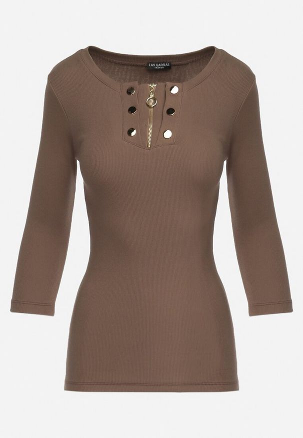Born2be - Brązowa Bawełniana Bluzka z Prążkowanej Dzianiny Zapinana na Suwak przy Dekolcie Hlavaria. Kolor: brązowy. Materiał: bawełna, prążkowany, dzianina