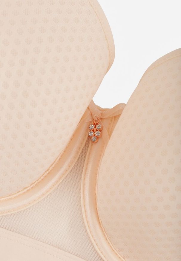 Renee - Beżowy Biustonosz z Metaliczną Aplikacją i Perforacją Dredefia. Kolor: beżowy. Materiał: jeans. Wzór: aplikacja