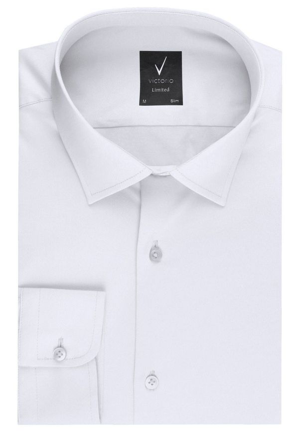 Taliowana Koszula Wizytowa, Męska - Victorio - Biała. Kolor: biały. Materiał: poliester, elastan, bawełna. Styl: wizytowy