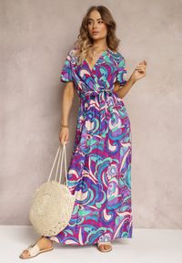 Renee - Fioletowa Wiskozowa Sukienka Maxi z Gumką w Talii i Materiałowym Paskiem Saramu. Kolor: fioletowy. Materiał: materiał, wiskoza. Długość rękawa: krótki rękaw. Sezon: lato, wiosna. Typ sukienki: rozkloszowane. Długość: maxi #3