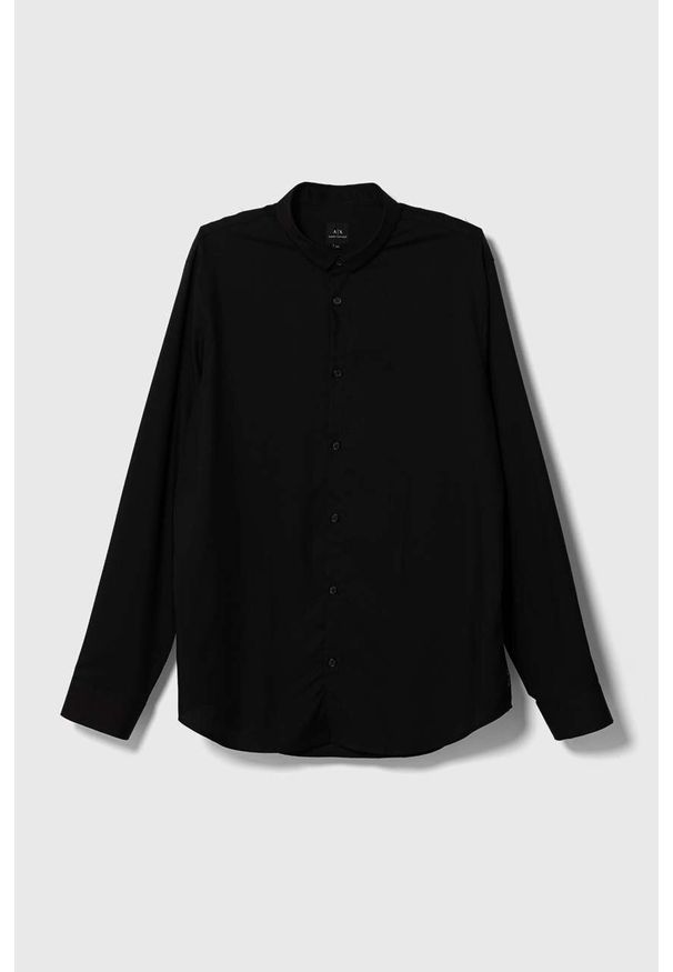 Armani Exchange koszula męska kolor czarny regular z kołnierzykiem klasycznym. Typ kołnierza: kołnierzyk klasyczny. Kolor: czarny. Materiał: tkanina, jedwab, materiał, lyocell. Długość rękawa: długi rękaw. Długość: długie. Styl: klasyczny