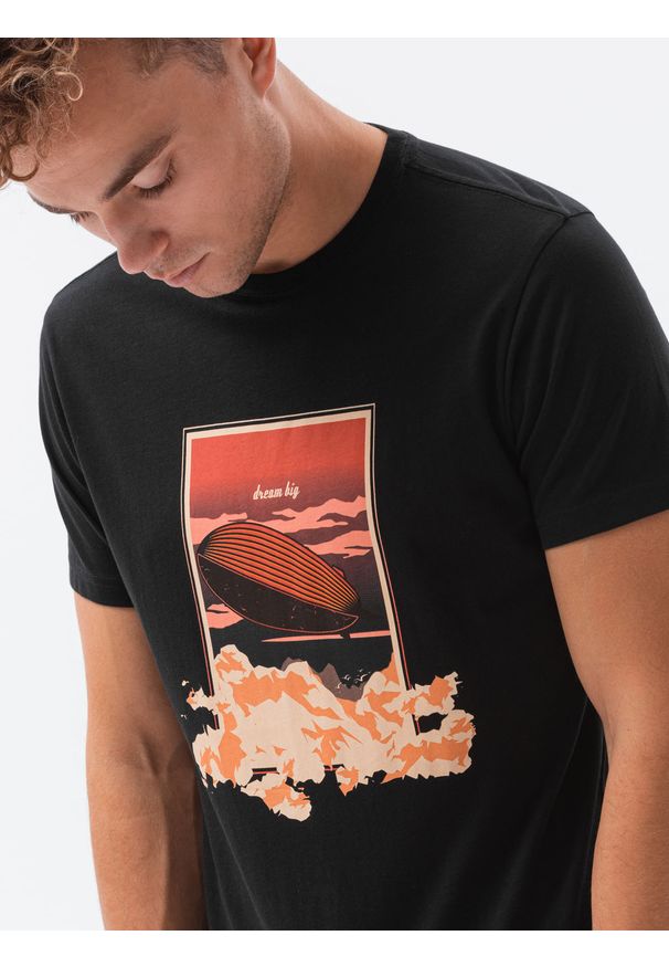 Ombre Clothing - T-shirt męski z nadrukiem S1434 V-10B - czarny - XXL. Kolor: czarny. Materiał: bawełna. Wzór: nadruk. Styl: klasyczny