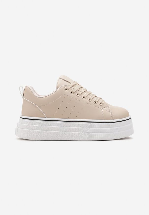 Renee - Beżowe Sznurowane Sneakersy na Platformie z Ekoskóry z Przeszyciami Onurte. Kolor: beżowy. Obcas: na platformie