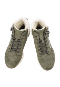 Zielone Botki Rieker Ocieplane Buty Damskie. Okazja: na co dzień. Zapięcie: sznurówki. Kolor: zielony. Materiał: materiał. Szerokość cholewki: normalna. Styl: casual, sportowy #10