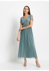 bonprix - Długa sukienka z aplikacją z cekinów. Kolor: niebieski. Materiał: tiul. Wzór: aplikacja. Styl: elegancki. Długość: maxi #1