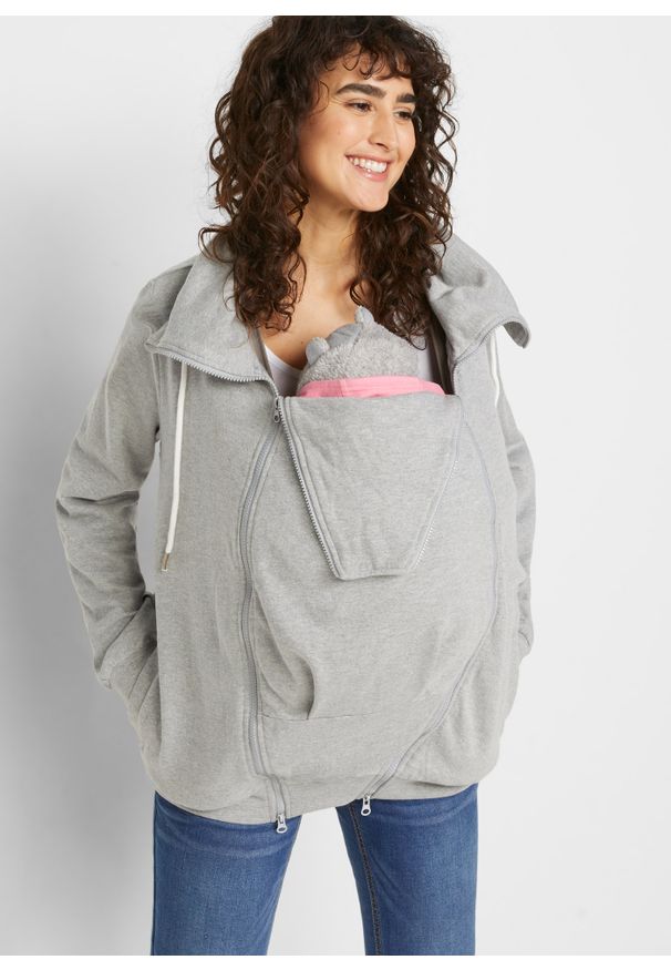 bonprix - Bluza rozpinana ciążowa z wstawką na nosidełko niemowlęce. Kolekcja: moda ciążowa. Kolor: szary