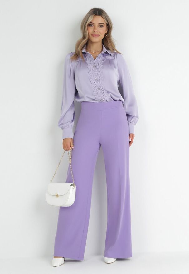 Born2be - Jasnofioletowe Spodnie Szerokie High Waist Iners. Okazja: na co dzień. Stan: podwyższony. Kolor: fioletowy. Wzór: gładki. Styl: elegancki, casual