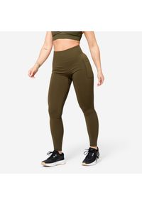 DOMYOS - Legginsy fitness damskie Domyos Push Up. Kolor: zielony, brązowy, wielokolorowy. Materiał: materiał, poliamid, poliester, elastan. Sport: fitness