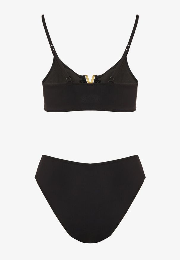 Born2be - Czarne Bikini Biustonosz z Metaliczną Ozdobą i Majtki Figi Kinirela. Kolor: czarny. Wzór: aplikacja