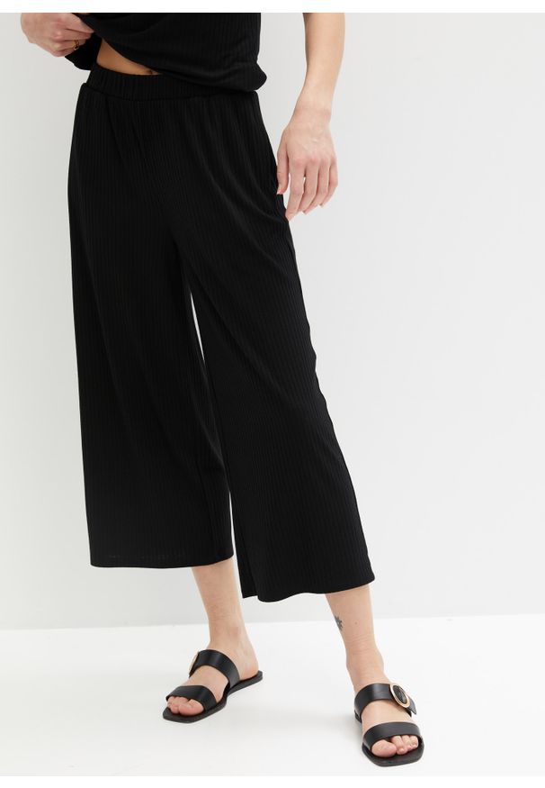 bonprix - Spodnie culotte z dżerseju w prążek, z wygodnym paskiem. Kolor: czarny. Materiał: jersey. Wzór: prążki