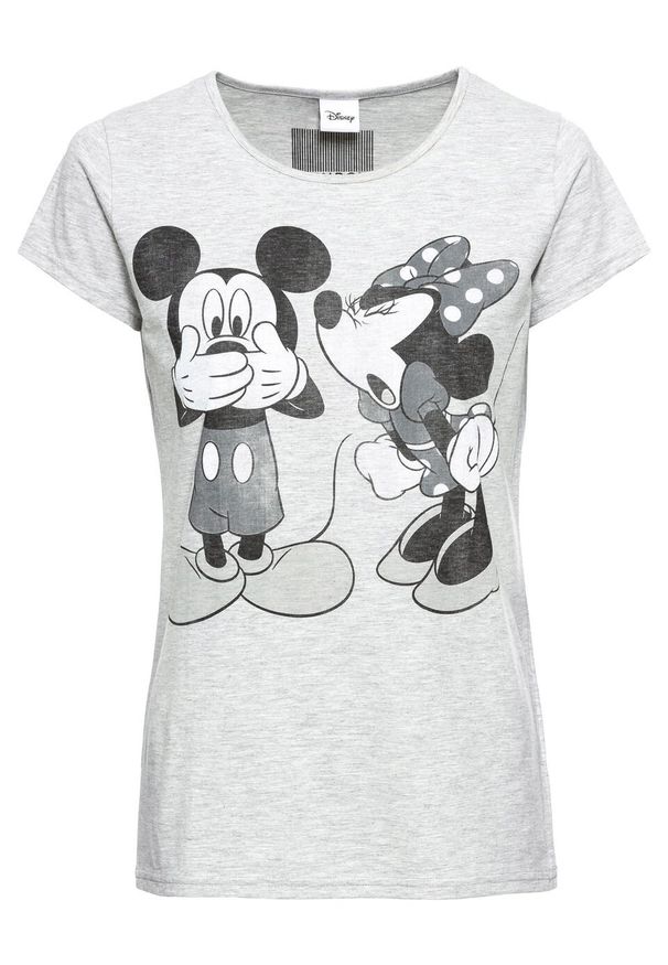 Shirt z nadrukiem Myszki Miki bonprix jasnoszary melanż z nadrukiem. Kolor: szary. Wzór: nadruk, melanż
