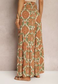 Renee - Zielono-Pomarańczowe Spodnie Szerokie z Wiskozy w Ornamentalny Wzór High Waist Cramelia. Stan: podwyższony. Kolor: zielony. Materiał: wiskoza. Długość: długie #5