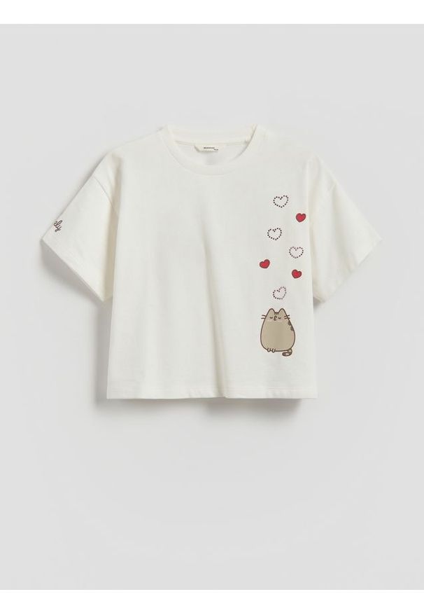 Reserved - Bawełniany t-shirt Pusheen - złamana biel. Materiał: bawełna