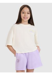 4f - 4F T-shirt oversize crop top z nadrukiem dziewczęcy - biały 146 (10-11 lat). Okazja: na co dzień. Kolor: biały. Materiał: bawełna, materiał, jersey. Długość rękawa: krótki rękaw. Długość: krótkie. Wzór: nadruk. Sezon: lato. Styl: wakacyjny, młodzieżowy, sportowy, casual