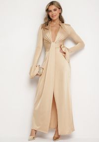 Born2be - Beżowa Koktajlowa Sukienka z Usztywnioną Linią Ramion i Rozkloszowanymi Rękawami Semirienne. Kolor: beżowy. Wzór: aplikacja. Styl: wizytowy #1