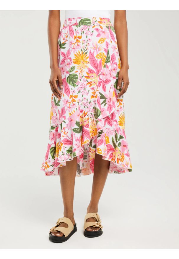 Big-Star - Spódnica damska midi z wiskozy z falbaną w kwiaty Tyla 000. Okazja: na co dzień, na spacer. Kolor: wielokolorowy. Materiał: wiskoza. Wzór: kwiaty. Sezon: lato. Styl: retro, casual