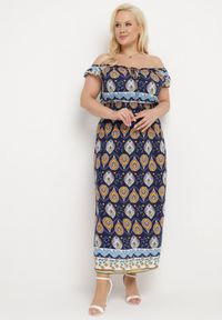 Born2be - Granatowa Sukienka Bawełniana z Gumką w Talii i Mozaikowym Wzorem Vestra. Kolor: niebieski. Materiał: bawełna. Sezon: lato #1