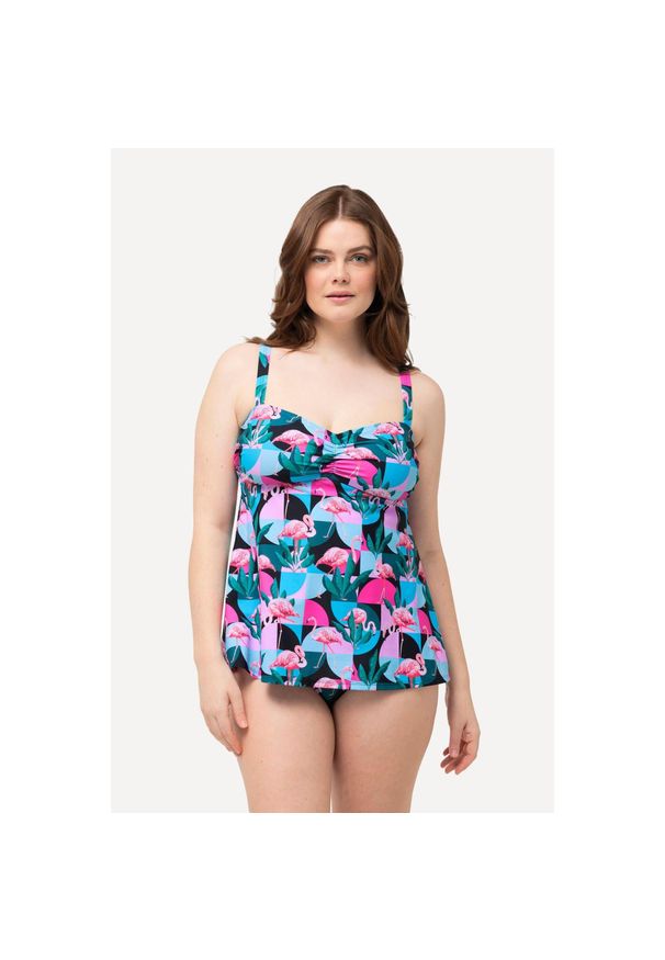 ULLA POPKEN - Damskie Tankini flamingi miękkie miseczki regulowane ramiączka z recyklingu. Kolekcja: plus size. Kolor: czarny. Materiał: elastan, poliamid, materiał