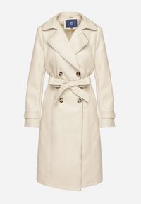Born2be - Beżowy Dwurzędowy Płaszcz Trencz z Imitacji Skóry z Wiązanym Paskiem Nilovessa. Okazja: na co dzień. Kolor: beżowy. Materiał: skóra. Styl: klasyczny, casual, elegancki #3
