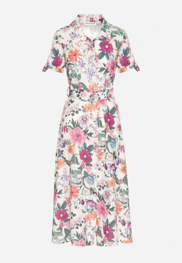 Born2be - Jasnobeżowa Rozkloszowana Sukienka o Koszulowym Kroju z Paskiem w Kwiatowy Wzór Fevelorine. Okazja: na co dzień. Kolor: beżowy. Wzór: kwiaty. Typ sukienki: koszulowe. Styl: casual