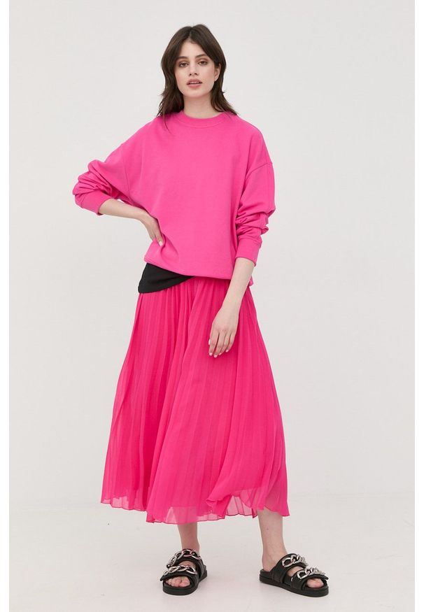 BOSS bluza damska kolor różowy gładka. Kolor: różowy. Materiał: materiał, poliester, dzianina. Długość rękawa: długi rękaw. Długość: długie. Wzór: gładki