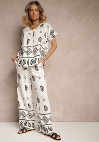 Renee - Czarno-Biały Komplet z Bawełny Spodnie o Szerokim Kroju i Koszula ze Wzorem Paisley Pavenn. Kolor: czarny. Materiał: bawełna. Wzór: paisley