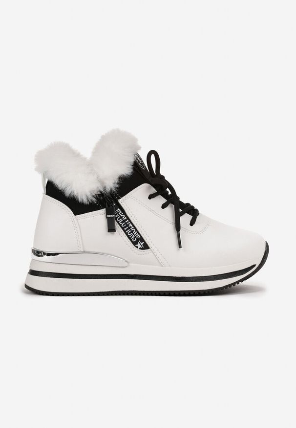 Born2be - Białe Botki Sneakersy na Grubej Podeszwie z Futerkiem Biqilee. Kolor: biały. Materiał: futro
