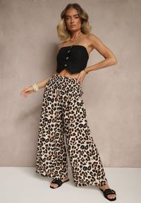 Renee - Czarno-Beżowe Panterkowe Spodnie z Wiskozy High Waist Ellilune. Okazja: do pracy, na spotkanie biznesowe, na co dzień. Stan: podwyższony. Kolor: czarny. Materiał: wiskoza. Wzór: motyw zwierzęcy. Styl: casual, elegancki, biznesowy
