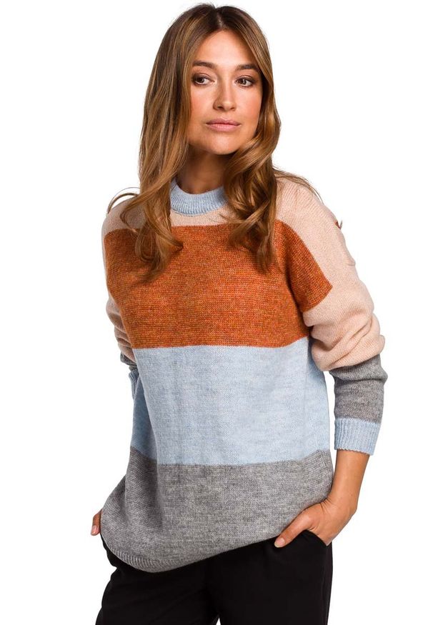 MOE - Klasyczny Sweter w Kolorowe Pasy - Model 1. Materiał: wełna, poliester. Wzór: kolorowy. Styl: klasyczny