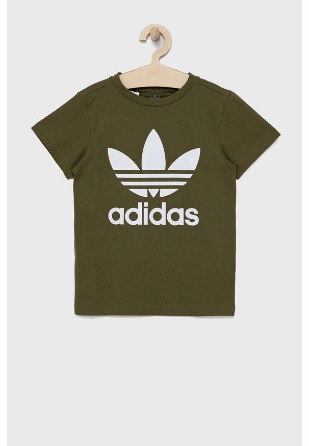 adidas Originals t-shirt bawełniany dziecięcy kolor zielony z nadrukiem. Okazja: na co dzień. Kolor: zielony. Materiał: bawełna. Wzór: nadruk. Styl: casual