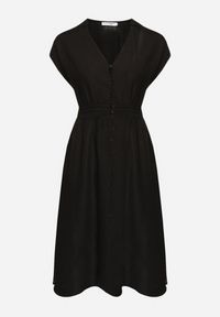 Born2be - Czarna Lniana Sukienka o Rozkloszowanym Kroju z Gumką w Talii Ageronna. Okazja: na co dzień. Typ kołnierza: dekolt w kształcie V. Kolor: czarny. Materiał: len. Długość rękawa: krótki rękaw. Sezon: lato. Typ sukienki: rozkloszowane. Styl: klasyczny, casual, elegancki #5