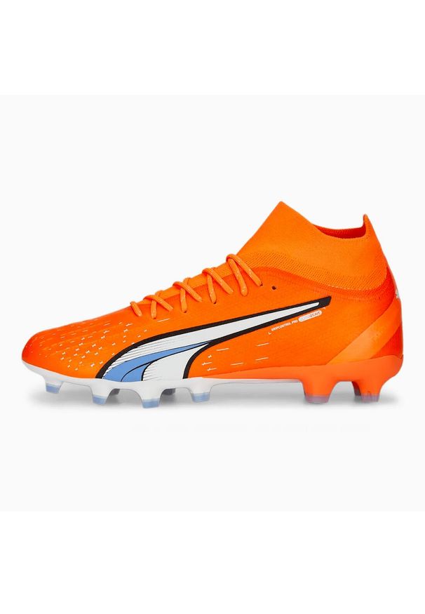 Buty piłkarskie męskie Puma Ultra Pro Fgag. Zapięcie: sznurówki. Kolor: biały, niebieski, wielokolorowy, pomarańczowy. Materiał: materiał, syntetyk. Szerokość cholewki: normalna. Sport: piłka nożna