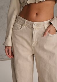 Renee - Beżowe Jeansy z Bawełny Typu Balloon High Waist Ozdobione Przeszyciami Eunaris. Okazja: na co dzień. Stan: podwyższony. Kolor: beżowy. Wzór: aplikacja. Styl: casual #4