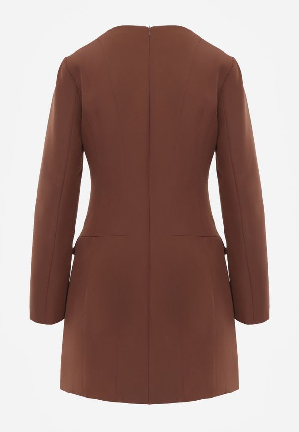 Born2be - Brązowa Elegancka Sukienka VICES o Trapezowym Kroju z Imitacją Kieszeni Amaliete. Okazja: na spotkanie biznesowe. Kolor: brązowy. Typ sukienki: trapezowe. Styl: elegancki