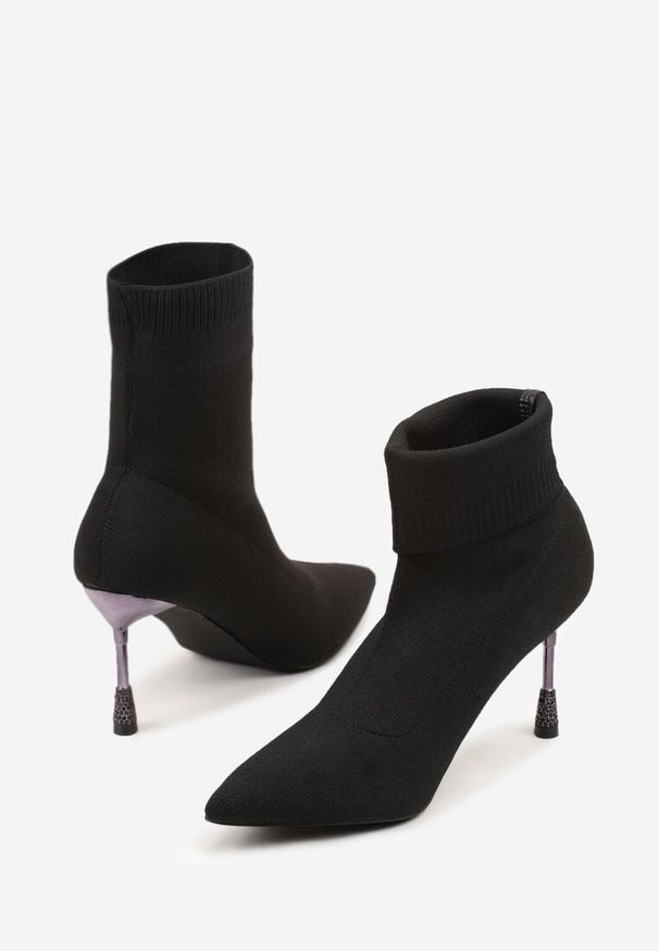 Renee - Czarne Botki Vices na Biżuteryjnej Szpilce ze Skarpetkową Cholewką i Noskiem w Szpic Tififre. Zapięcie: bez zapięcia. Kolor: czarny. Szerokość cholewki: normalna. Obcas: na obcasie. Styl: elegancki. Wysokość obcasa: średni