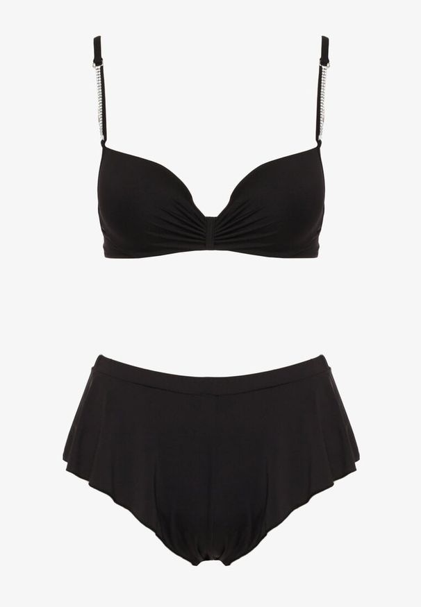Born2be - Czarne Bikini Góra z Regulowanymi Ramiączkami Ozdobionymi Cyrkoniami z Elastycznym Dołem w Zestawie Spodenki Kąpielowe z Gumką w Pasie Quilalia. Kolor: czarny. Wzór: aplikacja