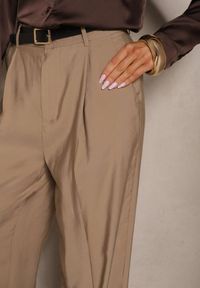 Renee - Beżowe Garniturowe Spodnie High Waist o Szerokim Kroju Efrase. Okazja: na co dzień. Stan: podwyższony. Kolor: beżowy. Styl: casual