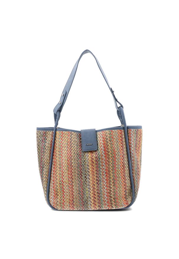 Torebka 2 w 1 damska Rieker, z plecionego materiału tekstylnego z elementami materiału syntetycznego o sztywnej formie z długimi uchwytami do noszeni. Sezon: wiosna, lato. Styl: casual, elegancki, boho