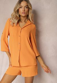 Renee - Pomarańczowy 2-Cześciowy Komplet Rozpinana Koszula oraz Szorty Letoria. Kolor: pomarańczowy. Materiał: tkanina #5