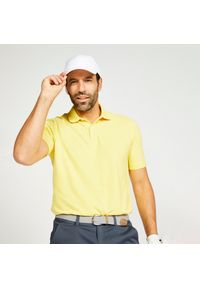 INESIS - Koszulka polo do golfa z krótkim rękawem męska Inesis MW500. Typ kołnierza: polo, golf. Kolor: żółty. Materiał: materiał, bawełna, poliester. Długość rękawa: krótki rękaw. Długość: krótkie. Wzór: ze splotem. Styl: klasyczny #1