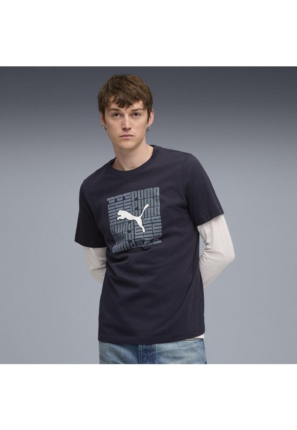 Puma - Męska koszulka o kwadratowym kroju z grafiką PUMA. Kolor: niebieski. Sport: fitness