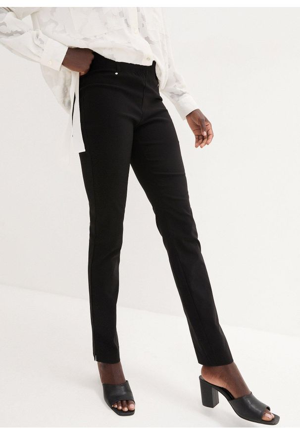 bonprix - Spodnie ze stretchem z gumką w talii. Kolor: czarny. Styl: klasyczny