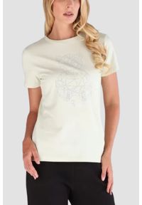 Guess - GUESS Biały damski t-shirt na krótki rękaw z cyrkoniami Romy, Rozmiar S. Okazja: na co dzień. Kolor: biały. Długość rękawa: krótki rękaw. Długość: krótkie. Styl: elegancki, casual #1