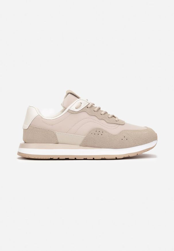 Renee - Ciemnobeżowe Sneakersy Zdobione Wstawkami z Imitacji Skóry Fayela. Kolor: beżowy. Materiał: skóra. Wzór: aplikacja