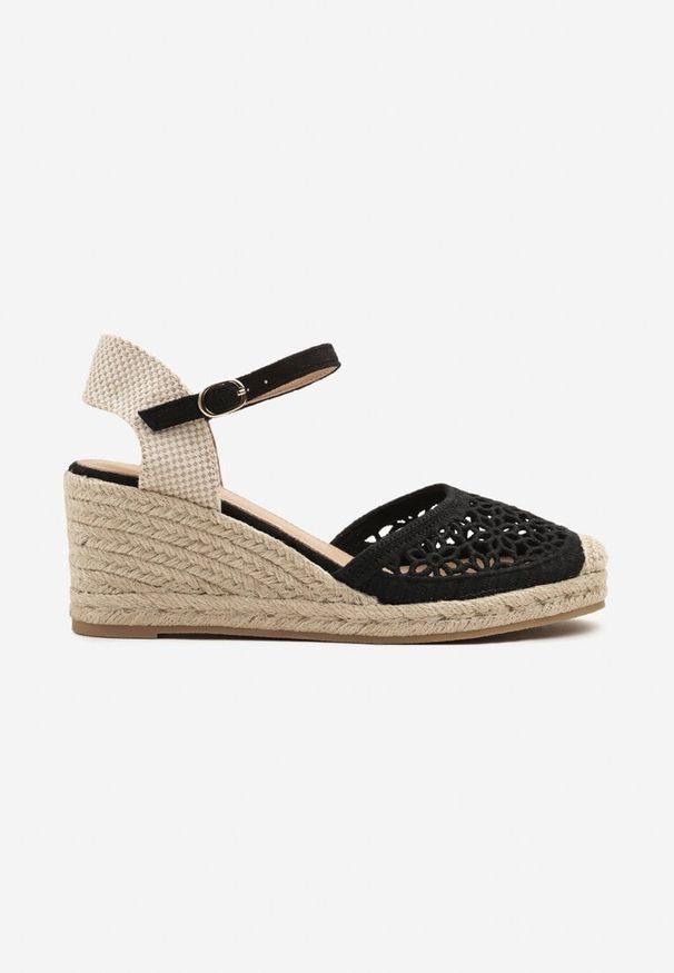 Born2be - Czarne Ażurowe Sandały Espadryle na Koturnie z Plecionki Nusielis. Okazja: na co dzień. Zapięcie: pasek. Kolor: czarny. Materiał: jeans, koronka. Wzór: ażurowy. Obcas: na koturnie. Styl: boho, casual