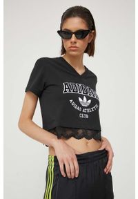 adidas Originals t-shirt damski kolor czarny. Kolor: czarny. Materiał: koronka, materiał, prążkowany. Wzór: aplikacja, koronka #1