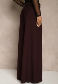 Renee - Bordowe Szerokie Garniturowe Spodnie z Bawełny High Waist Ozdobione Paskiem Tusneva. Okazja: na co dzień. Stan: podwyższony. Kolor: czerwony. Materiał: bawełna. Wzór: aplikacja. Styl: wizytowy, casual, elegancki #2